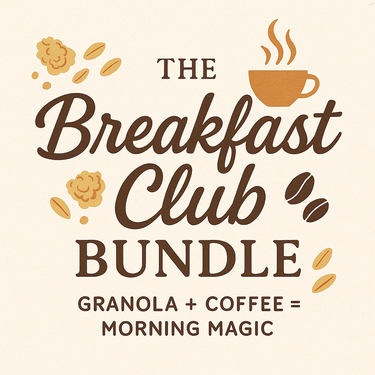 Illustrated ad for ☕ The Breakfast Club Bundle – Granola + Coffee, with small-batch granola, fresh-roasted coffee, and a steaming cup. Text: GRANOLA + COFFEE = MORNING MAGIC.